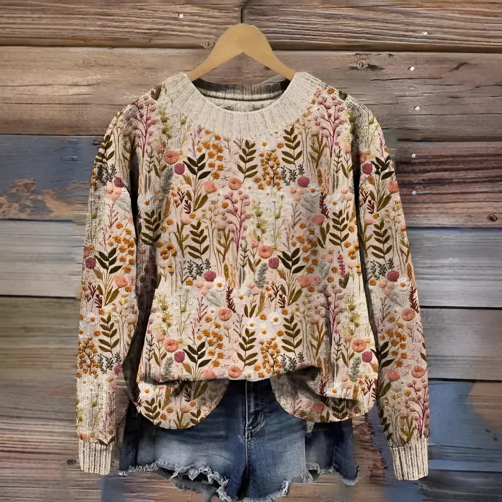 A round neck casual sweater with a small digital floral print, shown in one of thirteen available colours.