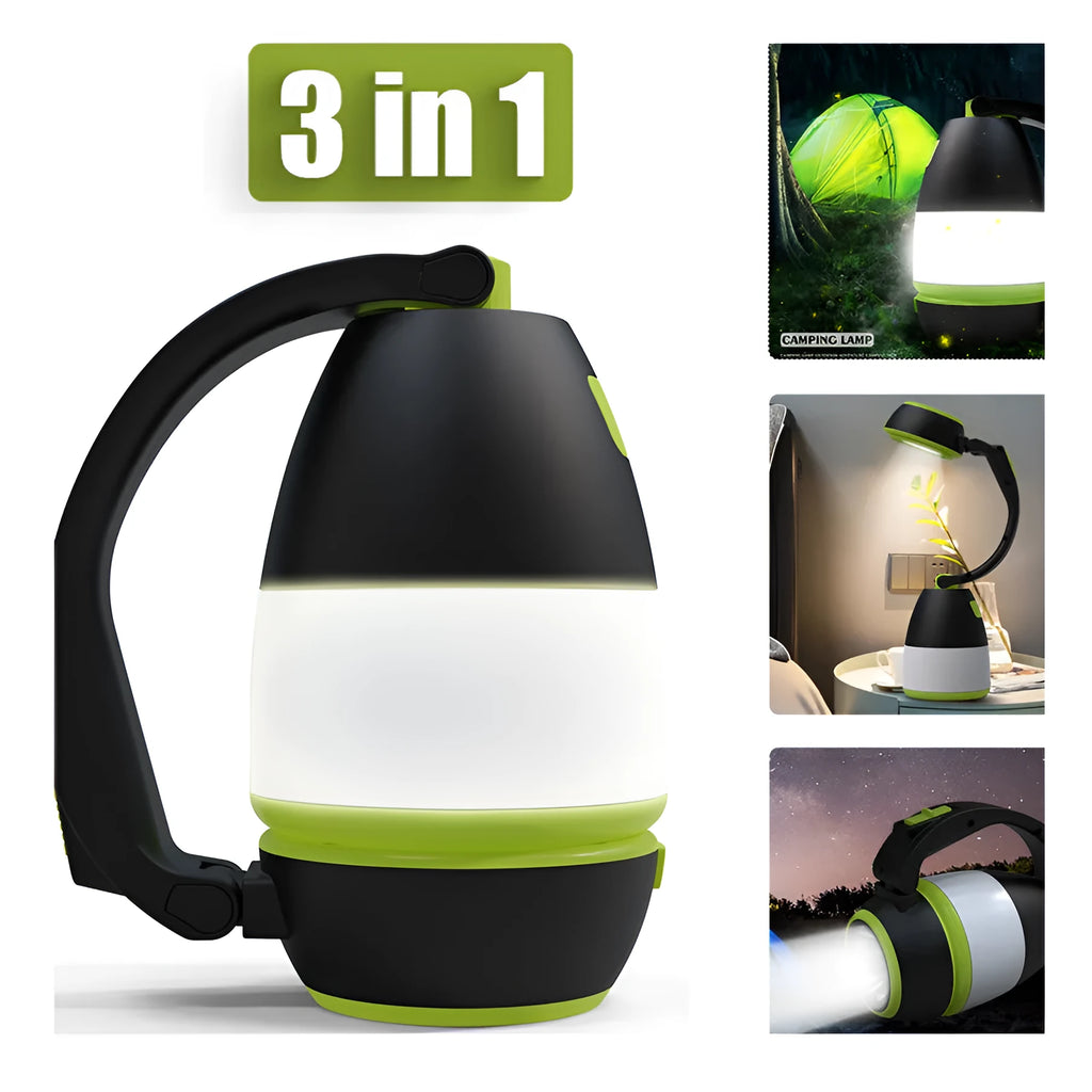 Black green foldable 3-in-1 LED lamp showing adjustable head and compact size for camping and desk use