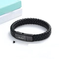 Black woven leather and stainless steel casket bracelet with personalisation for text.