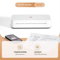 Small white plastic intelligent remote learning printer with a ribbon cartridge on a desk.