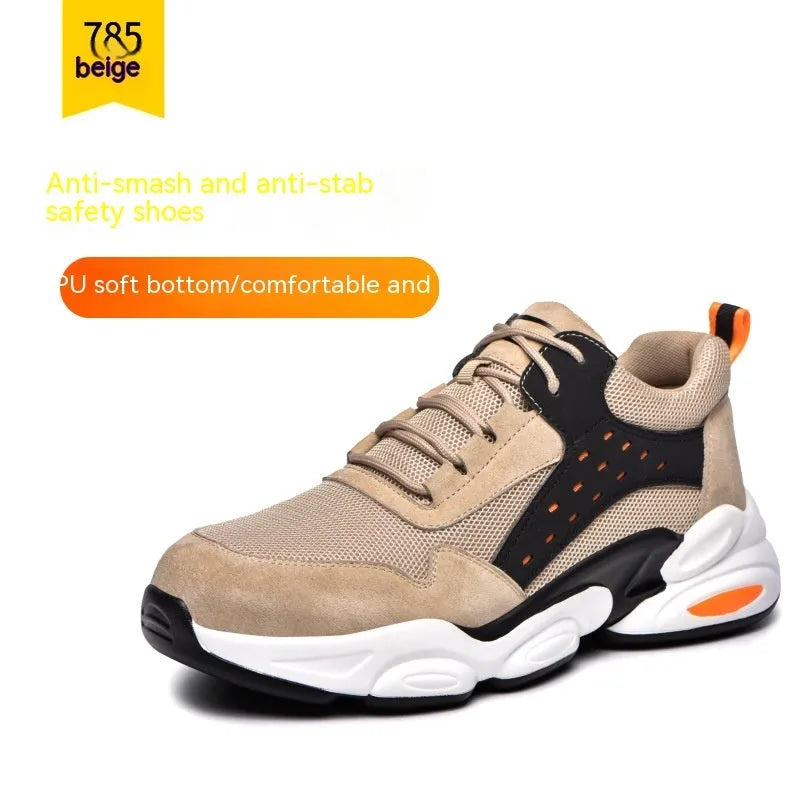 Mesh breathable labour insurance safety shoes with PU soft sole in black, grey, or beige