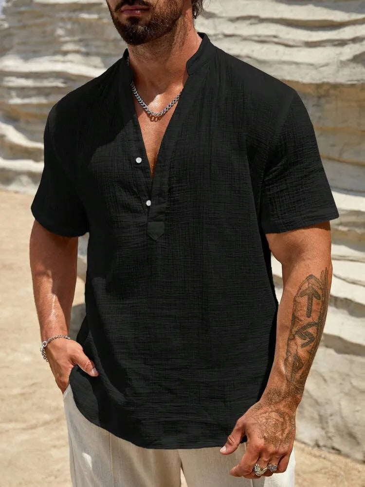 Men's solid colour short sleeve stand collar casual shirt on a hanger