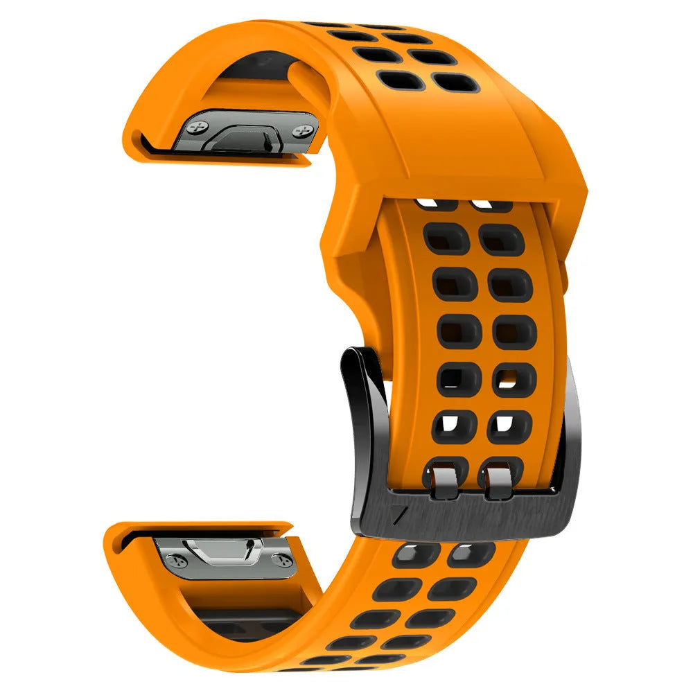 Quick release two-colour silicone watch strap in black orange combination with pin buckle