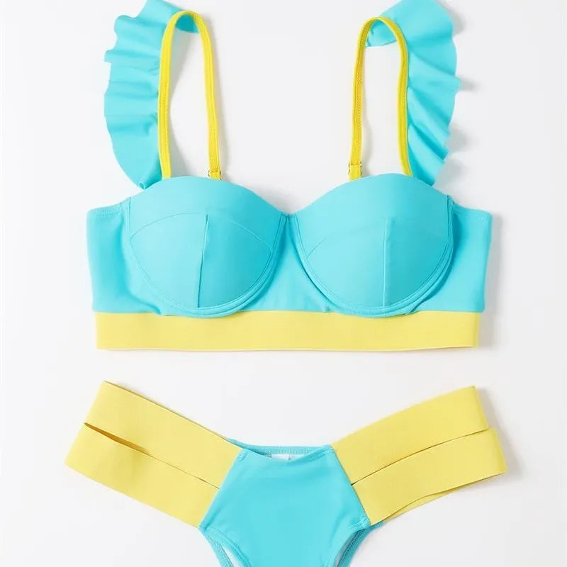 Women's contrast colour bikini with steel bracket push-up board in nylon fabric