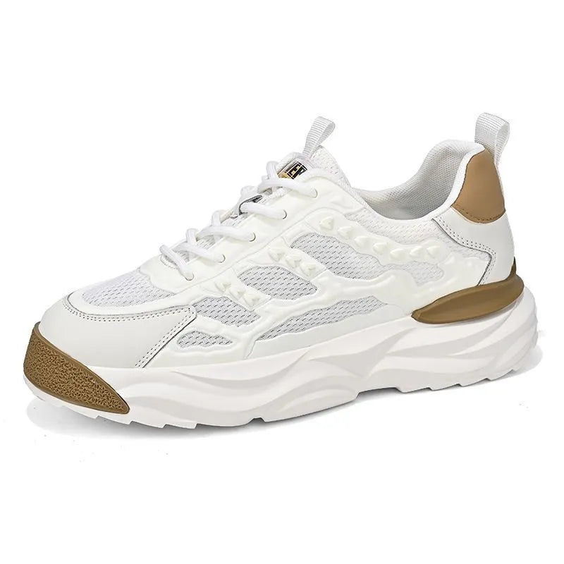 Men's white and black breathable mesh sports shoes with round-toe design and PU upper
