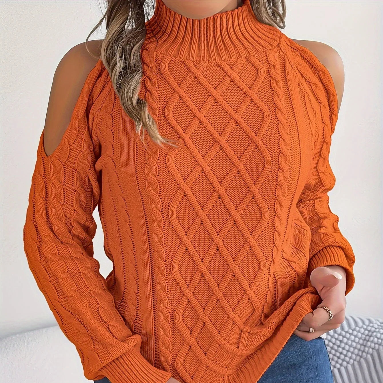 Women's twisted pattern strapless pullover sweater with lantern sleeves in acrylic knitwear