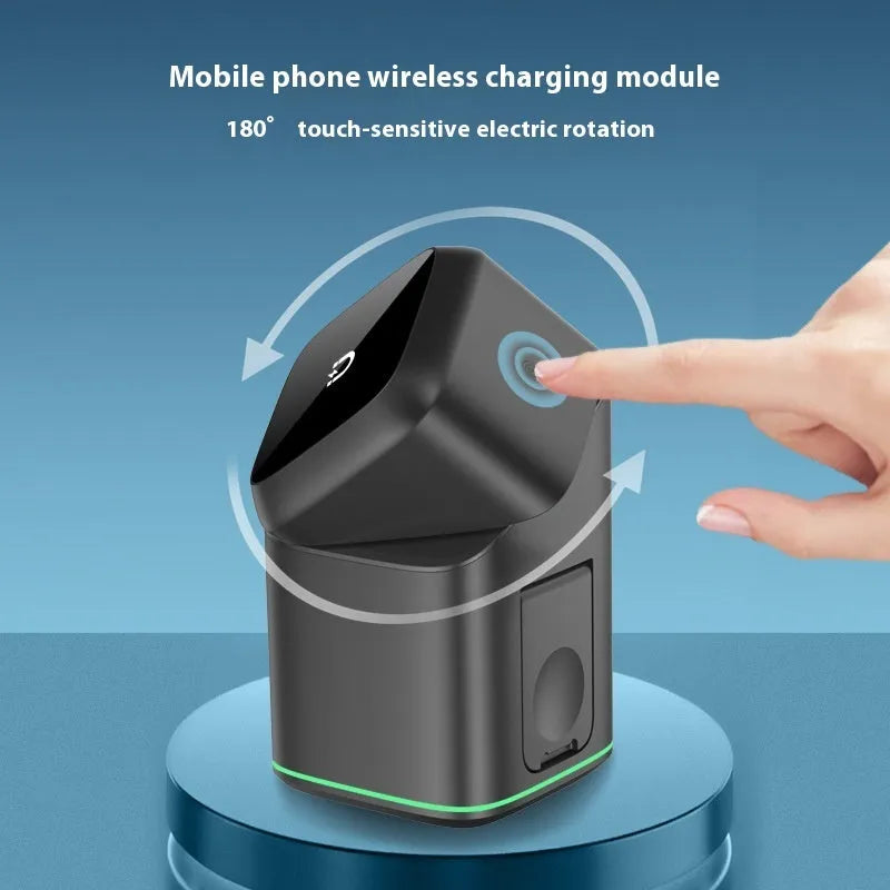 Black mobile phone magnetic wireless charging stand showing 180-degree rotation mechanism