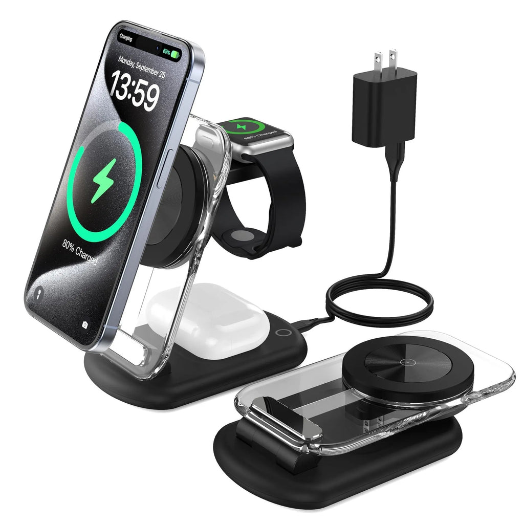 Transparent folding magnetic three-in-one wireless charger showing internal components with QC3.0 fast charge support