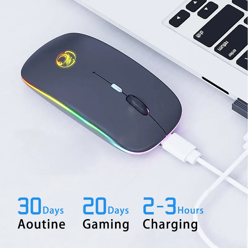 Black and white luminous wireless mouse with blue glowing scroll wheel indicating low battery