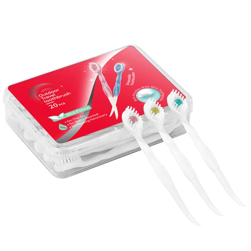 Box of 20 disposable bead toothbrushes with flavour options for travel dental hygiene