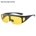 Sporty polarised myopia sunglasses with multiple interchangeable lenses including black, grey, and night vision, on a dark background.