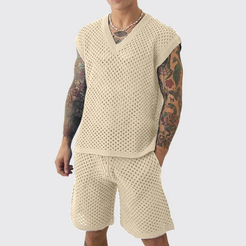 Men's blue cotton knitted sleeveless vest and matching shorts set for summer sports.