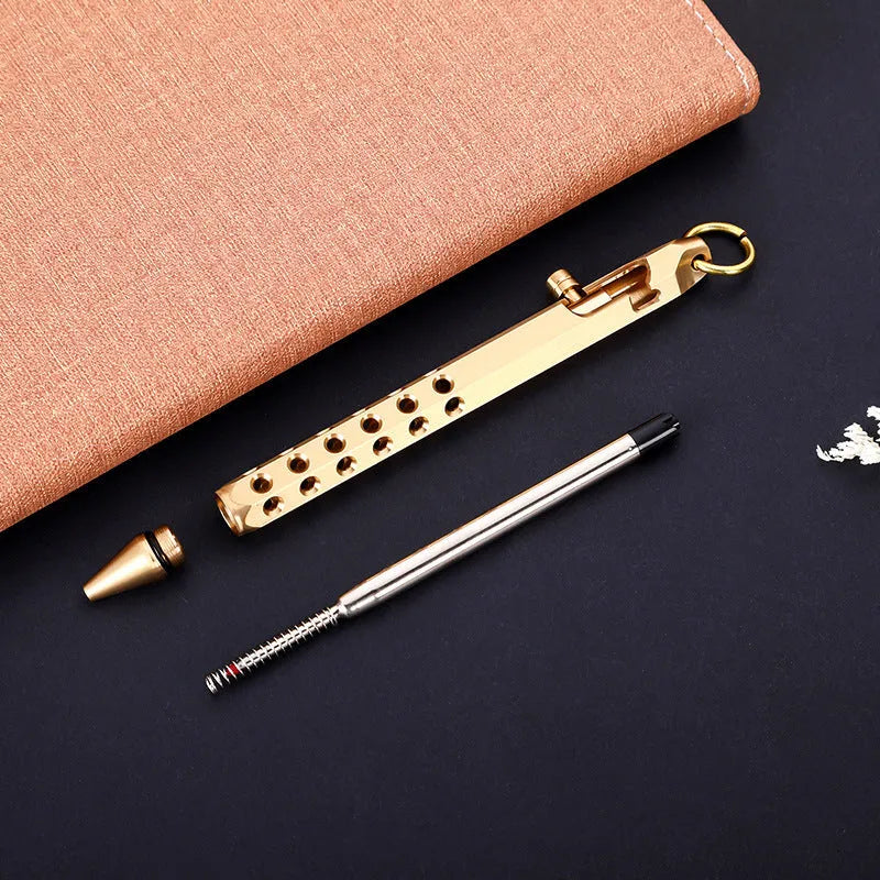 Brass hexagonal bolt pen showing six-sided shape and metallic construction with 0.5mm writing head