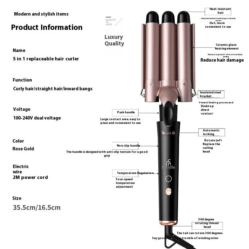 Rose gold hair curler with five interchangeable tubes and LCD display showing negative ion technology