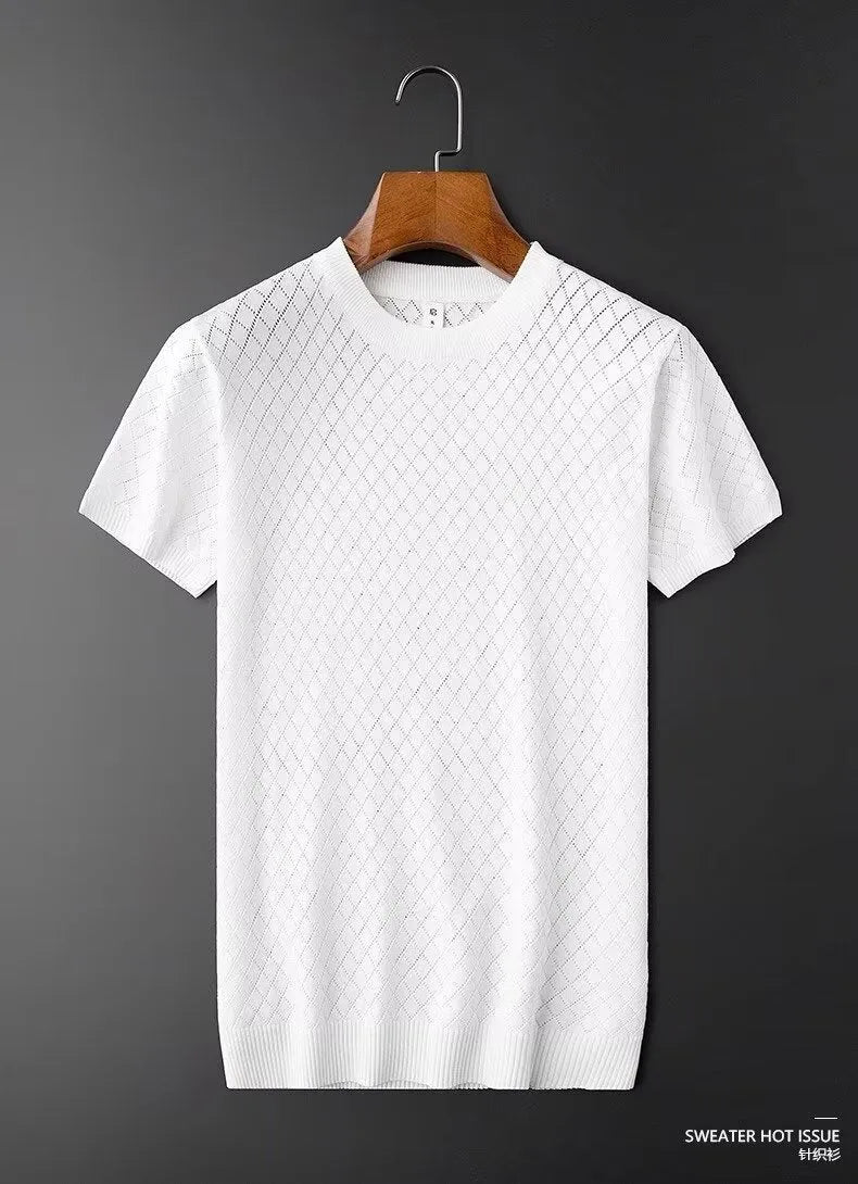 Men's ice silk V-neck t-shirt with cut-out detail in black colour, plus size Korean style summer casual top