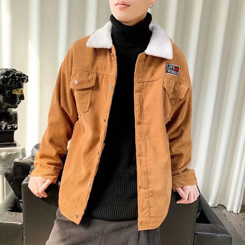 Men's loose fit corduroy workwear jacket in khaki colour with regular sleeves and solid pattern