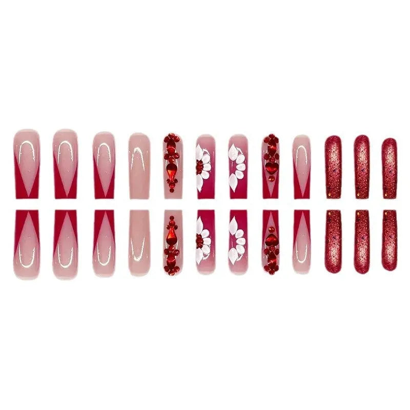 Fake nails with floral pattern and red diamond decoration in long European square style