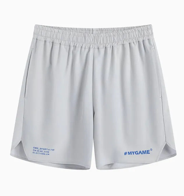 Men's grey quick-dry fitness shorts with a short-length cut for summer training.