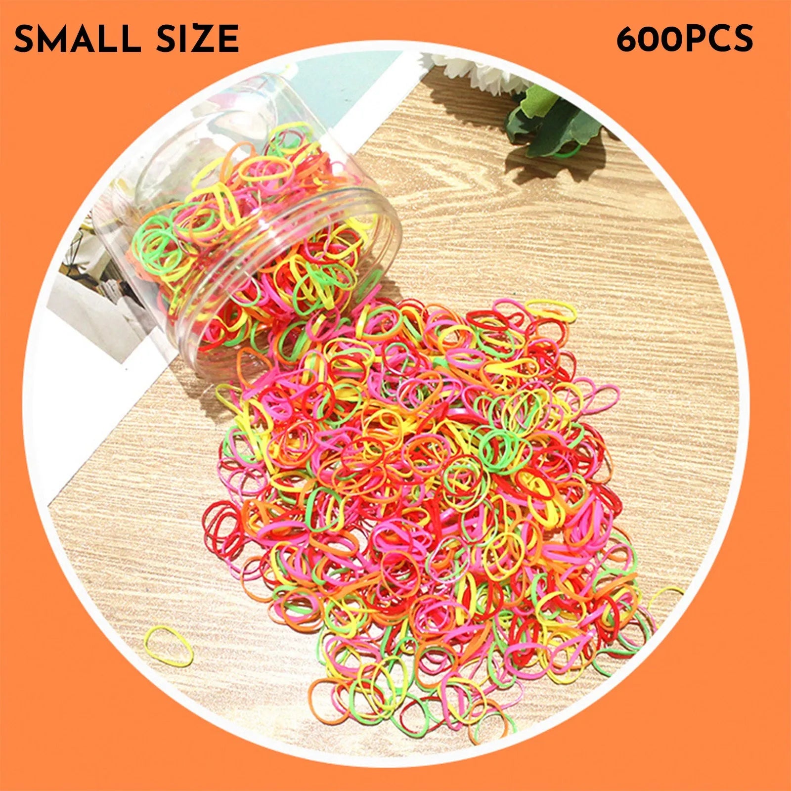 Pack of multicoloured thin TPU baby hair ties stored in a clear reusable plastic container.