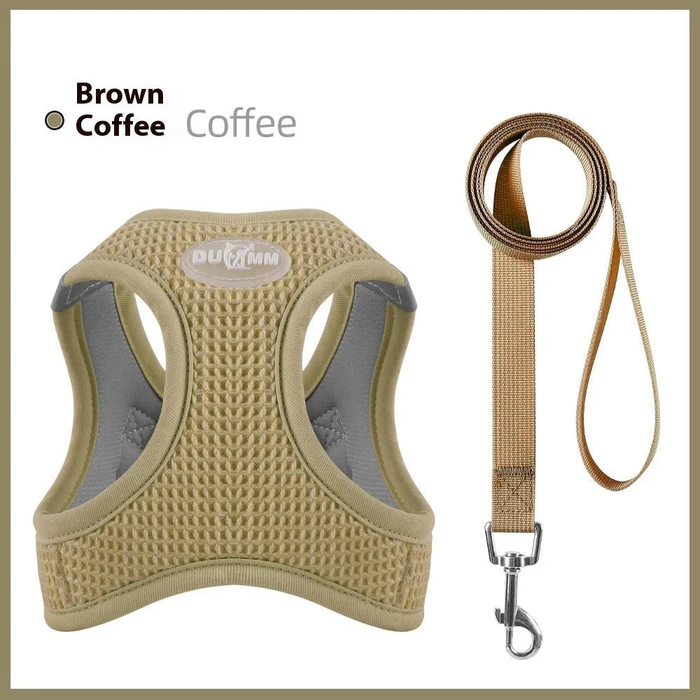 Brown cloth cat harness with waffle texture and integrated pulling rope on chest strap