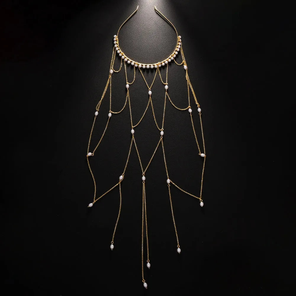 Gold and silver mesh hair chain for women with pearls and tassels