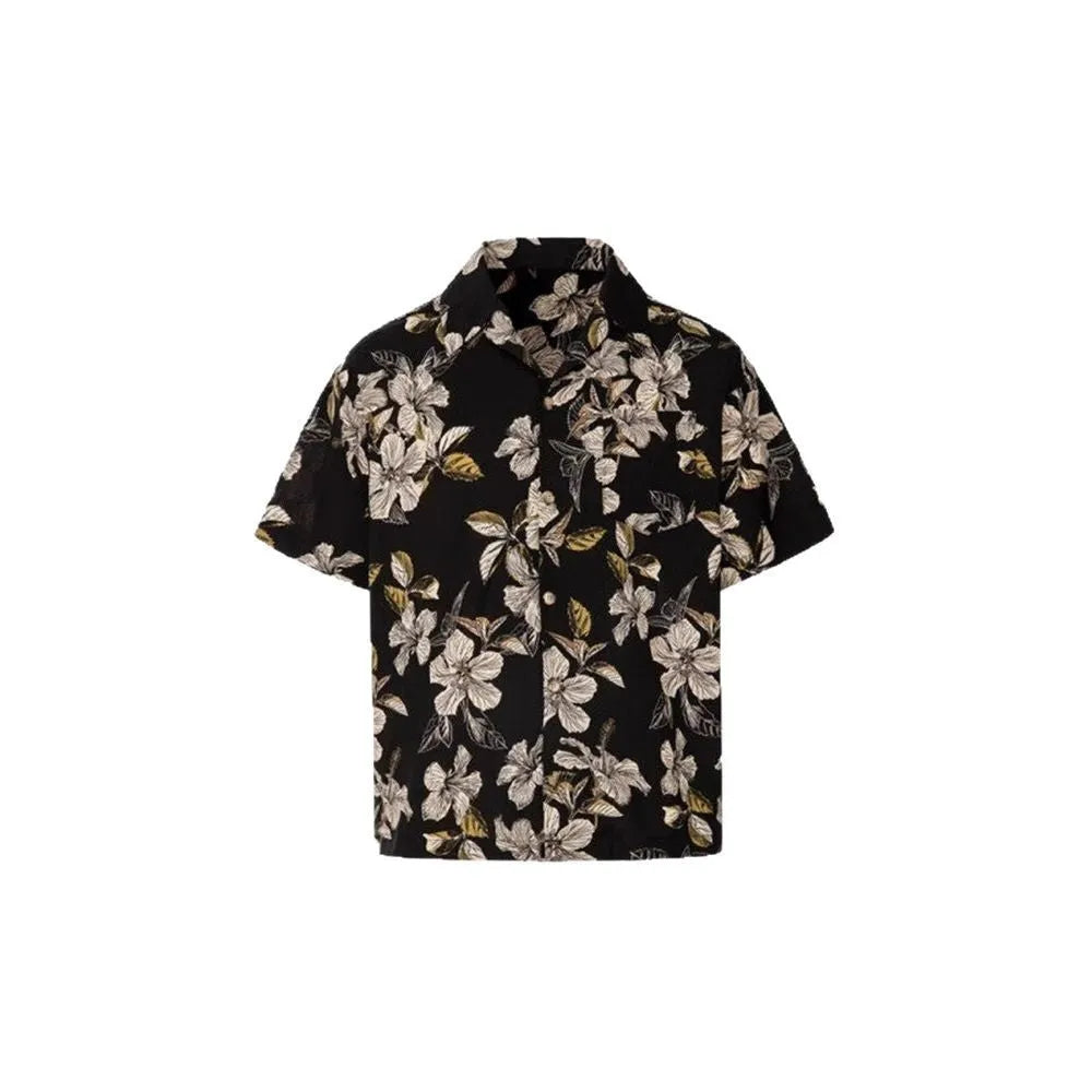 Black floral print men's shirt with vintage Cuban collar and short sleeves
