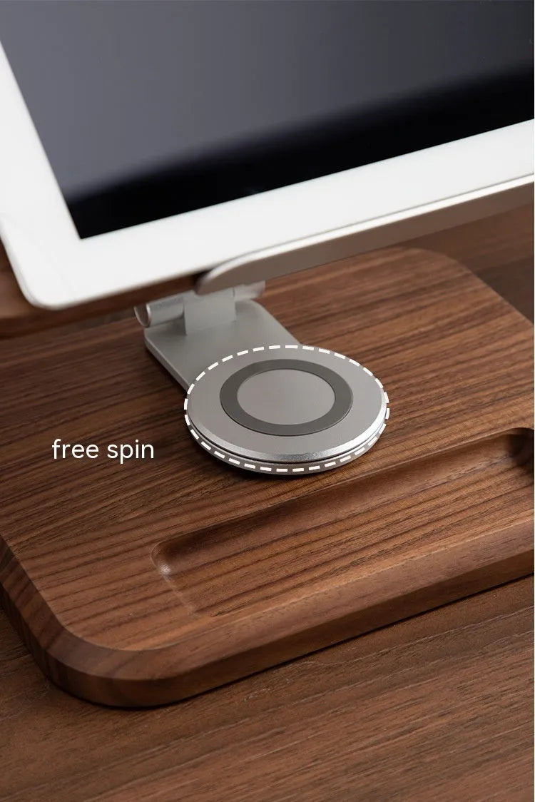Walnut wood adjustable reading rack holding a book and tablet on rotating mechanism