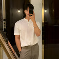 Men's short-sleeved ice silk knitted shirt in slim fit showing black, khaki and white colour options