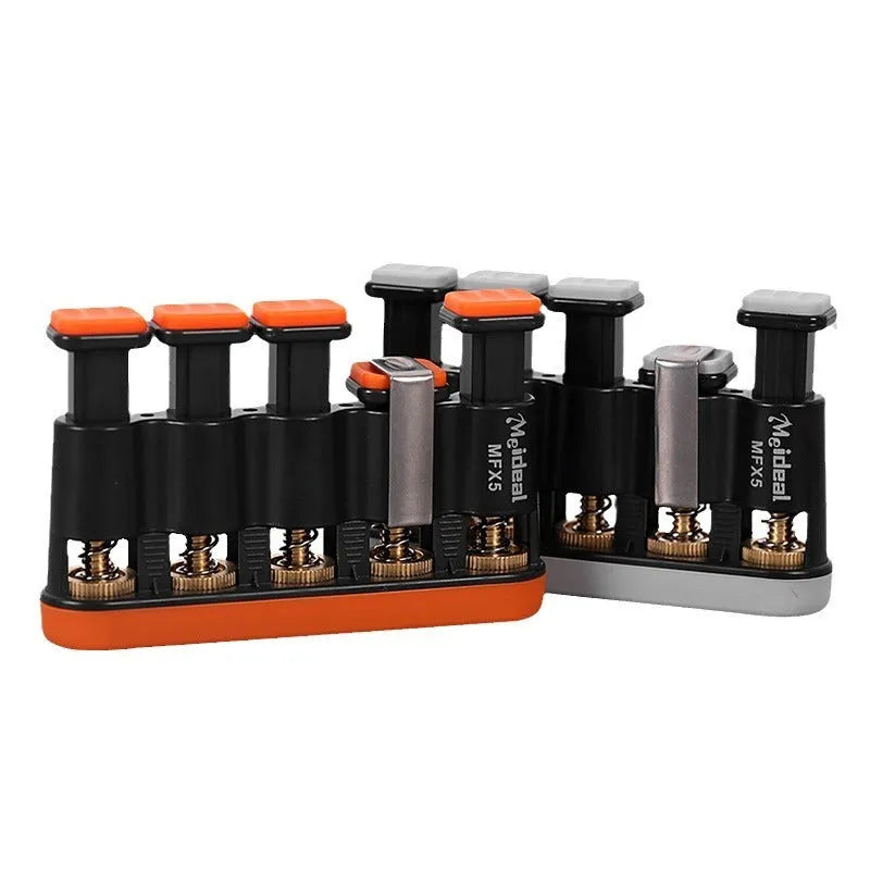 Grey and orange portable silicone finger trainer for musician hand muscle development.