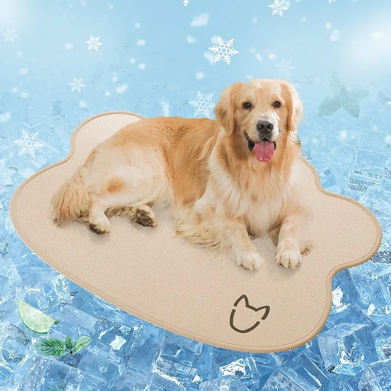 Ice silk pet cooling mat with dog head shape design in light gray colour