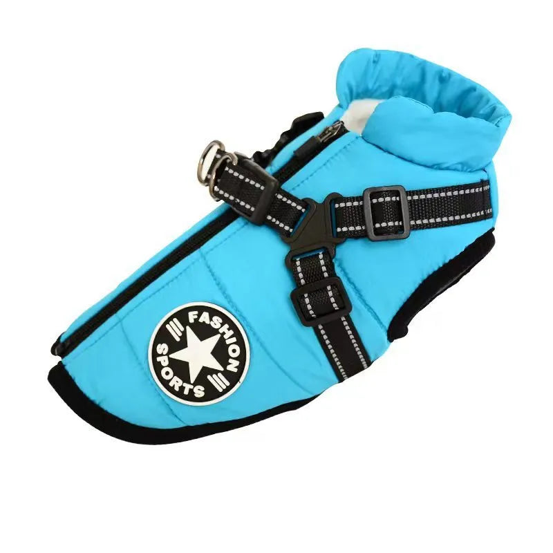 Red waterproof dog coat with integrated harness on a Labrador.