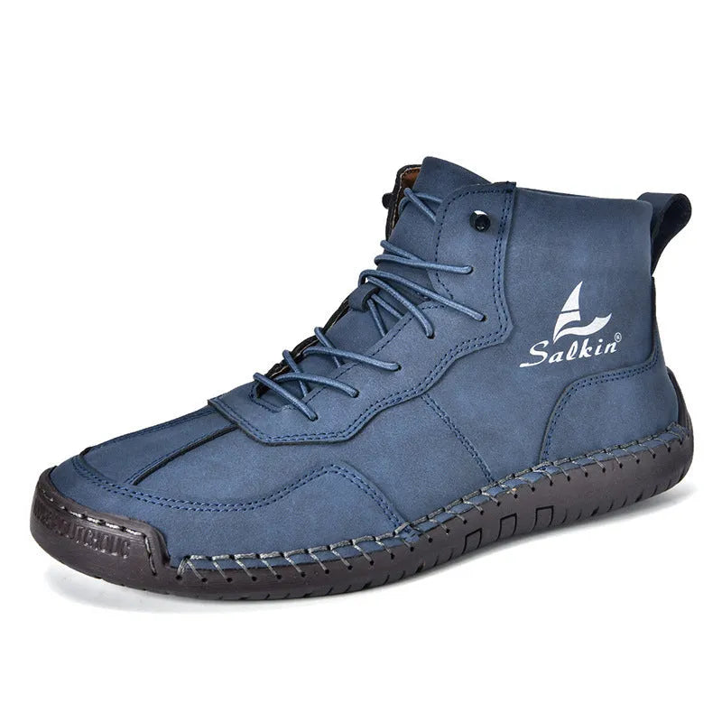 Retro high-top casual boots in artificial PU leather with frosted finish, round toe, and elastic band.