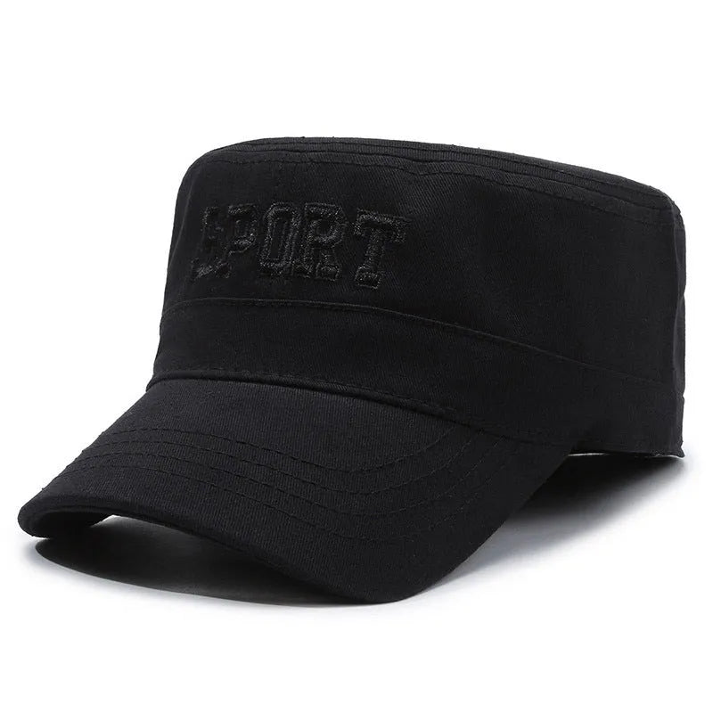 Men's adjustable cotton flat-top peaked cap in multiple colours showing dome crown and peak design