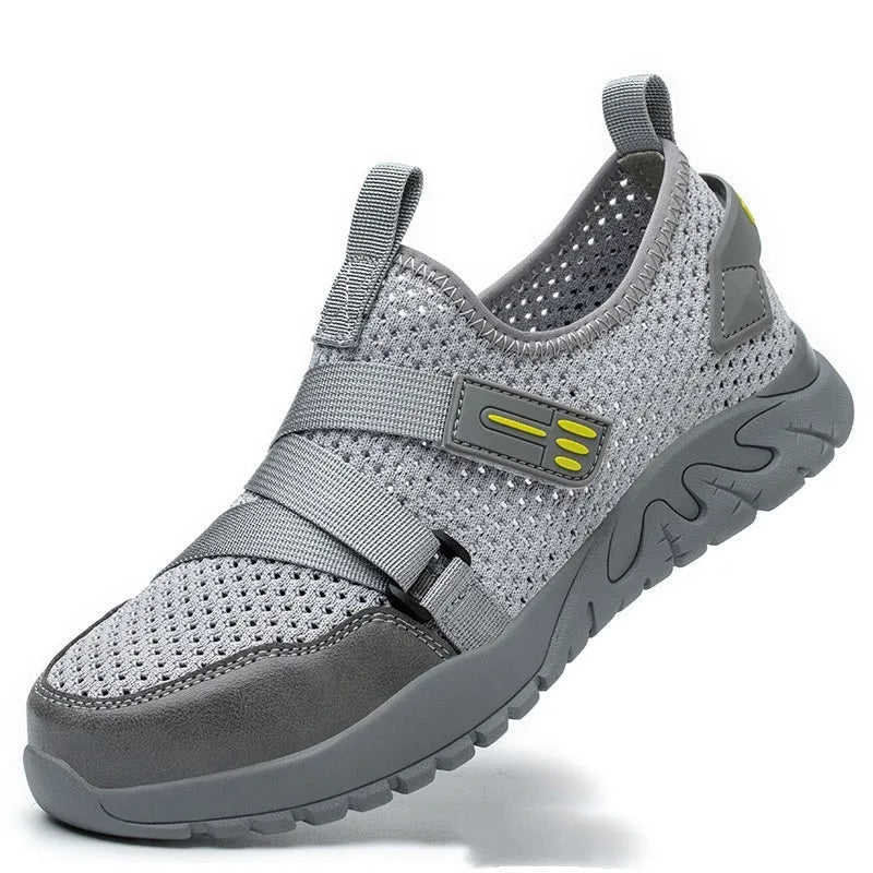 Men's grey steel toe cap safety boots with rubber soles for workplace protection