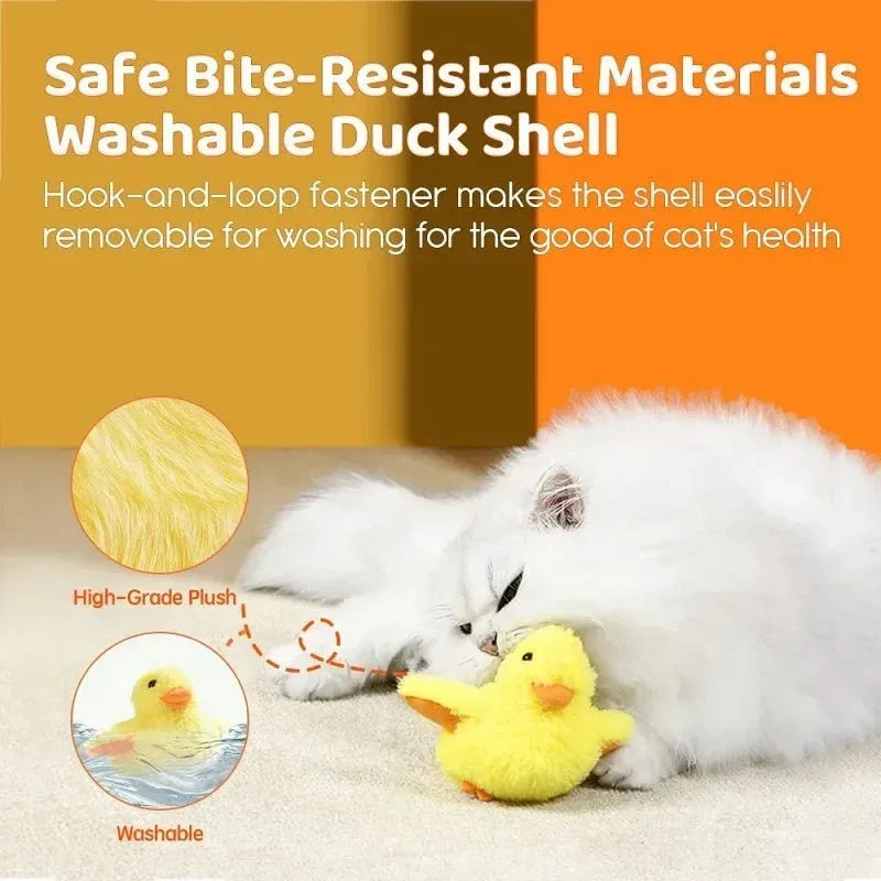 Yellow flapping duck interactive cat toy with plush feathers and a chick design on a plain background.