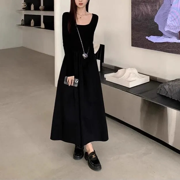 Women's black square collar knitted A-line dress with long sleeves and elastic waist