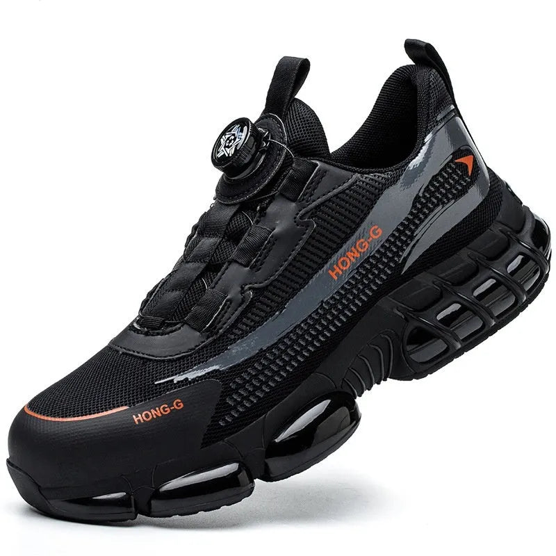 Lightweight black and grey safety shoes with steel toe cap and breathable flyknit upper for industrial work.