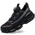 Lightweight black and grey safety shoes with steel toe cap and breathable flyknit upper for industrial work.