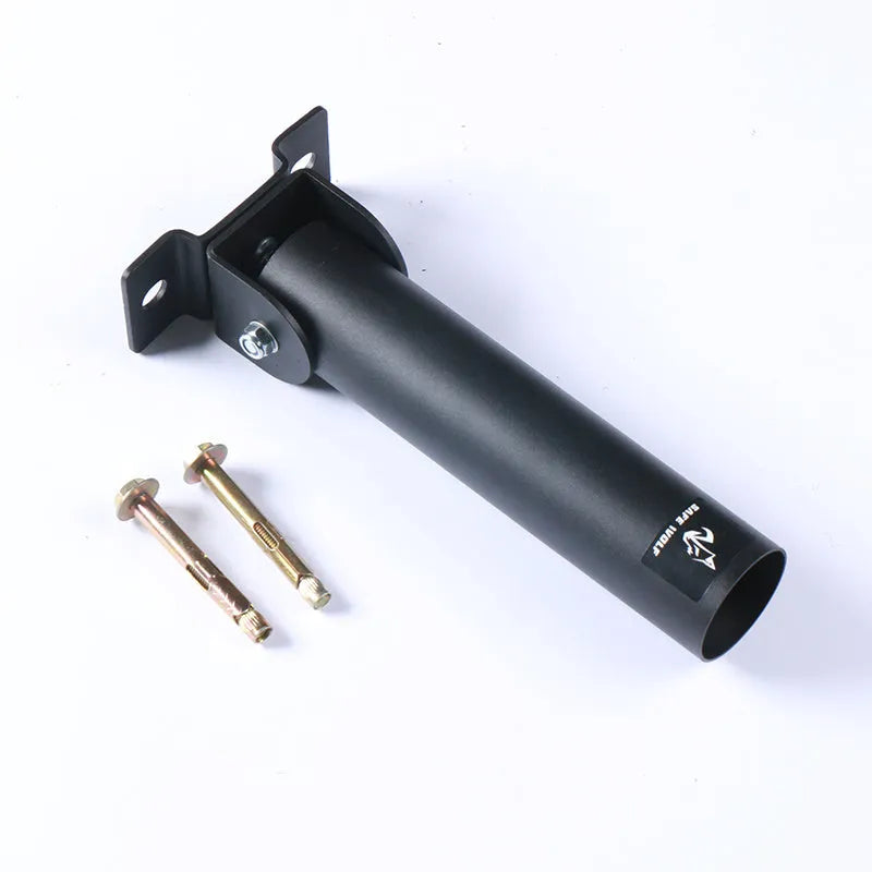 Steel wall-mounted barbell rod rack holding 25 tubes vertically.