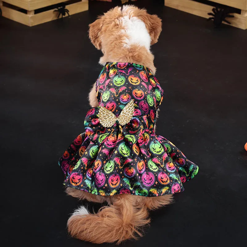 Angel wings Halloween dog costume in bright pumpkin colour on pet