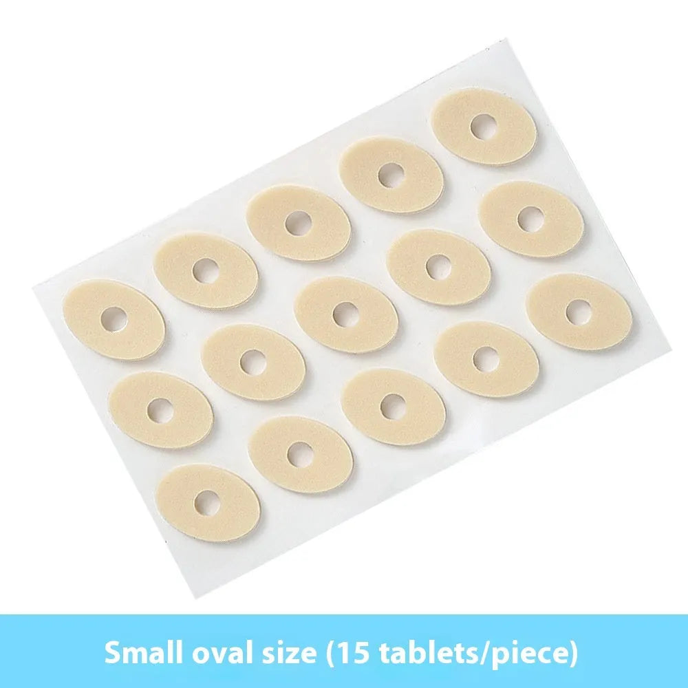Women's protective toe pads set showing four different shapes: large oval, small oval, U-shaped and circular designs