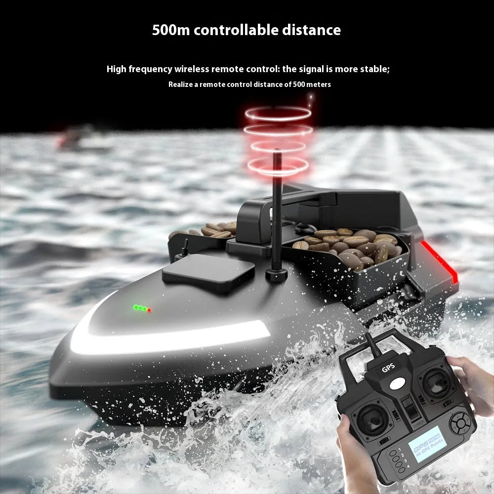 Black GPS remote control fishing boat with antenna and bait compartment