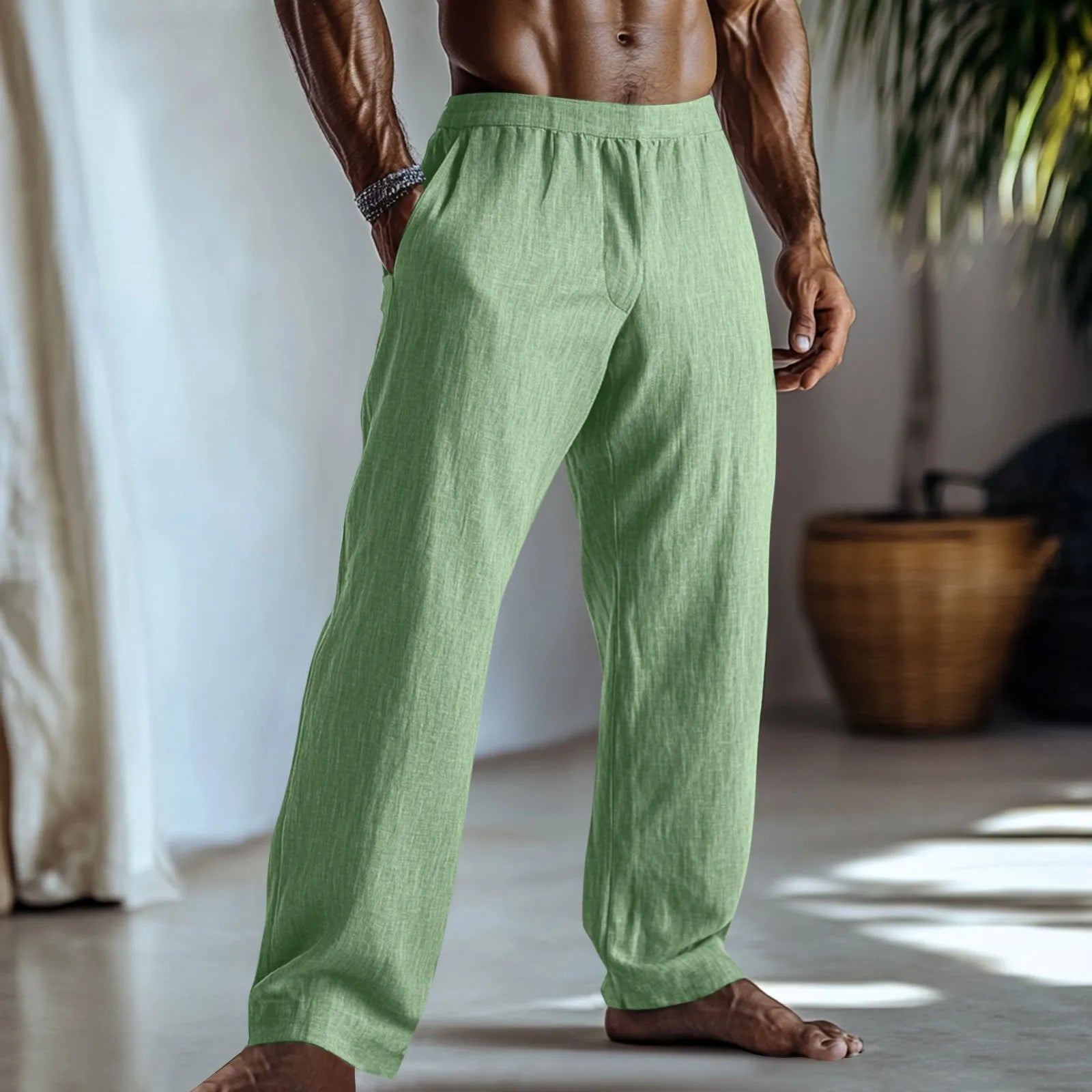 Cotton and linen straight leg trousers in light green colour with side pockets