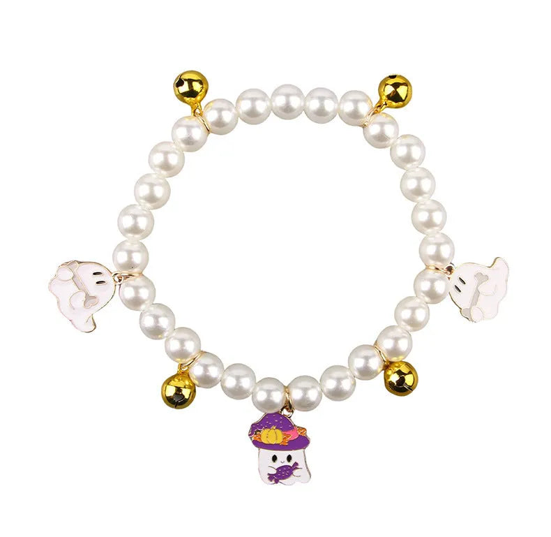 Halloween cat collar with simulated pearl necklace and purple ghost pumpkin ornament