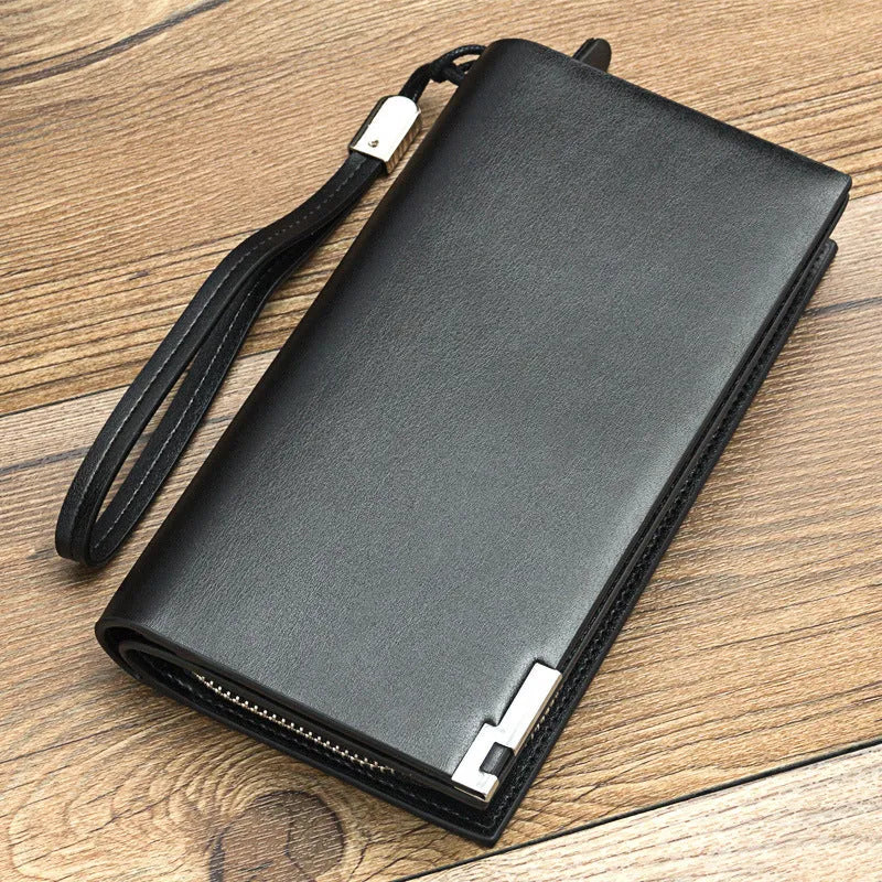 Men's long black PU leather zipper wallet showing card slots and closed zipper.