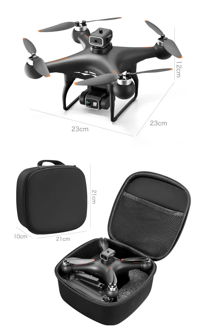 Black HD brushless quadcopter drone with four obstacle avoidance sensors and camera