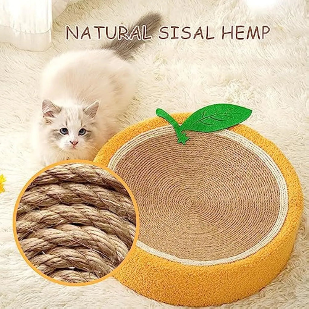 Yellow round sisal cat scratching board with integrated sleeping area for small breed cats