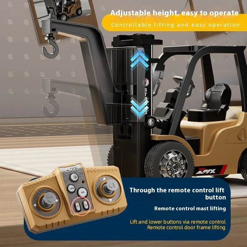 1:64 scale alloy remote control forklift with cargo forks and pallet on wooden surface