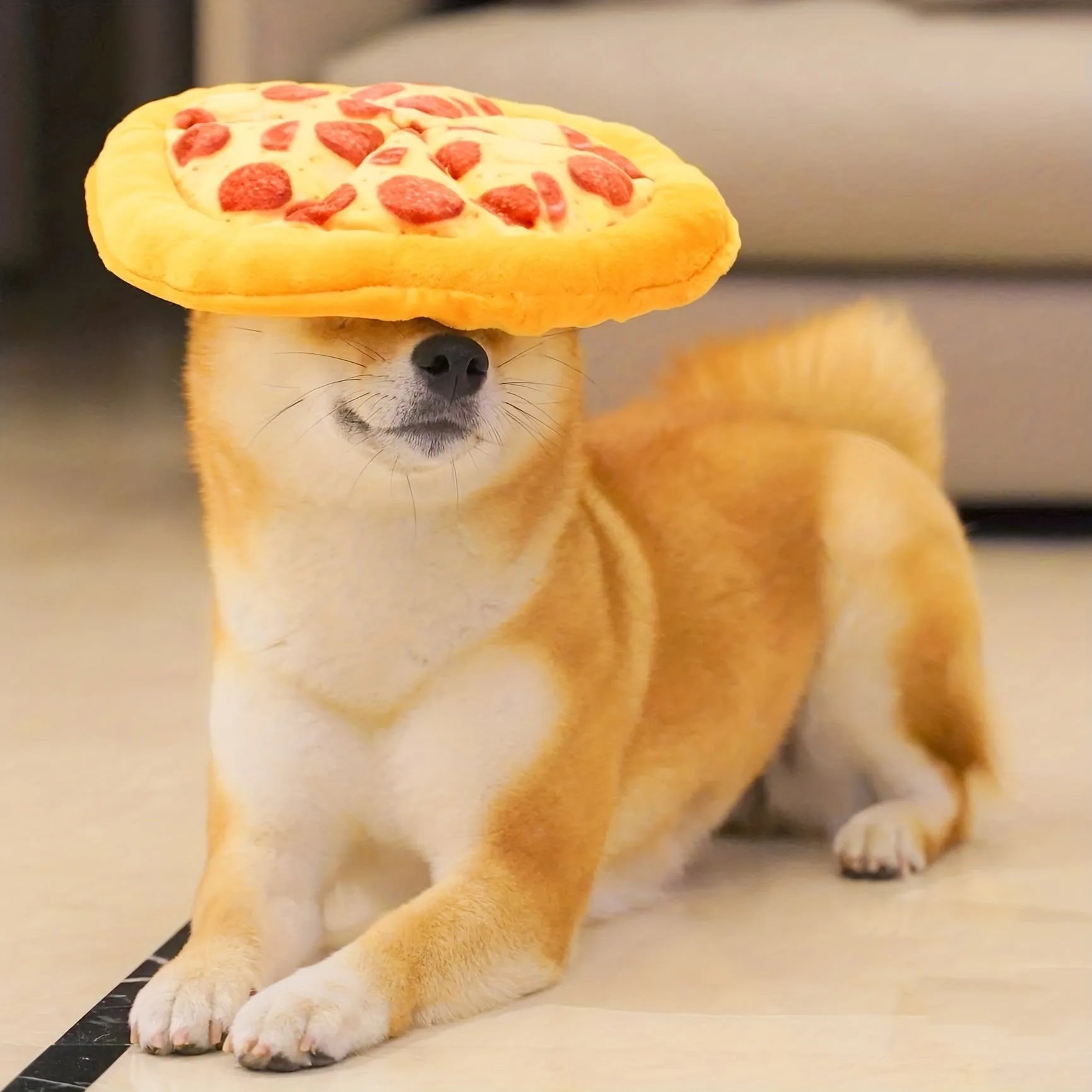 Yellow pizza slice shaped rubber dog chew toy with textured ridges and a squeaker.