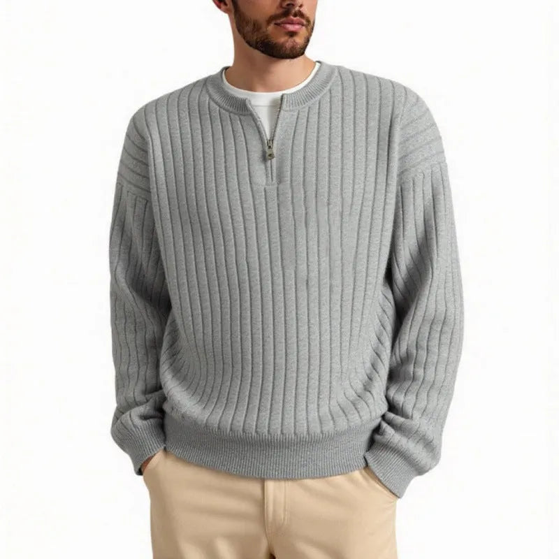 Men's gray half zip pullover sweater with texture knit and loose fit